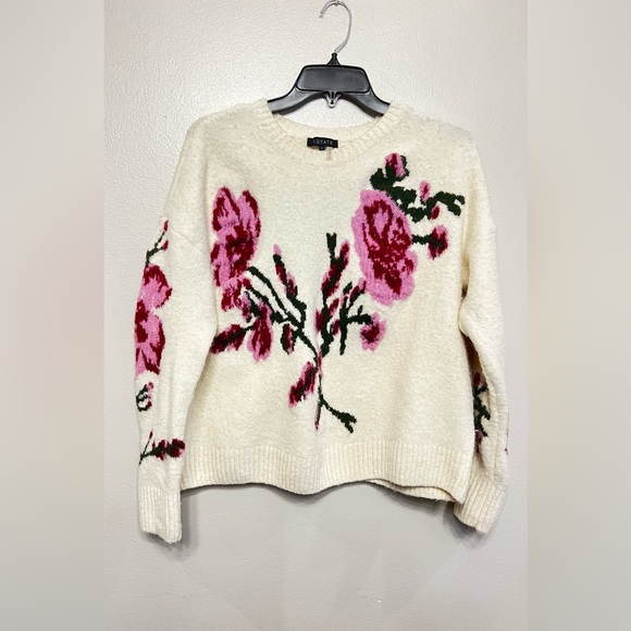 1. State Sweaters - 1. State Women's Cream With Pink Floral Accents Crewneck Sweater Size Small